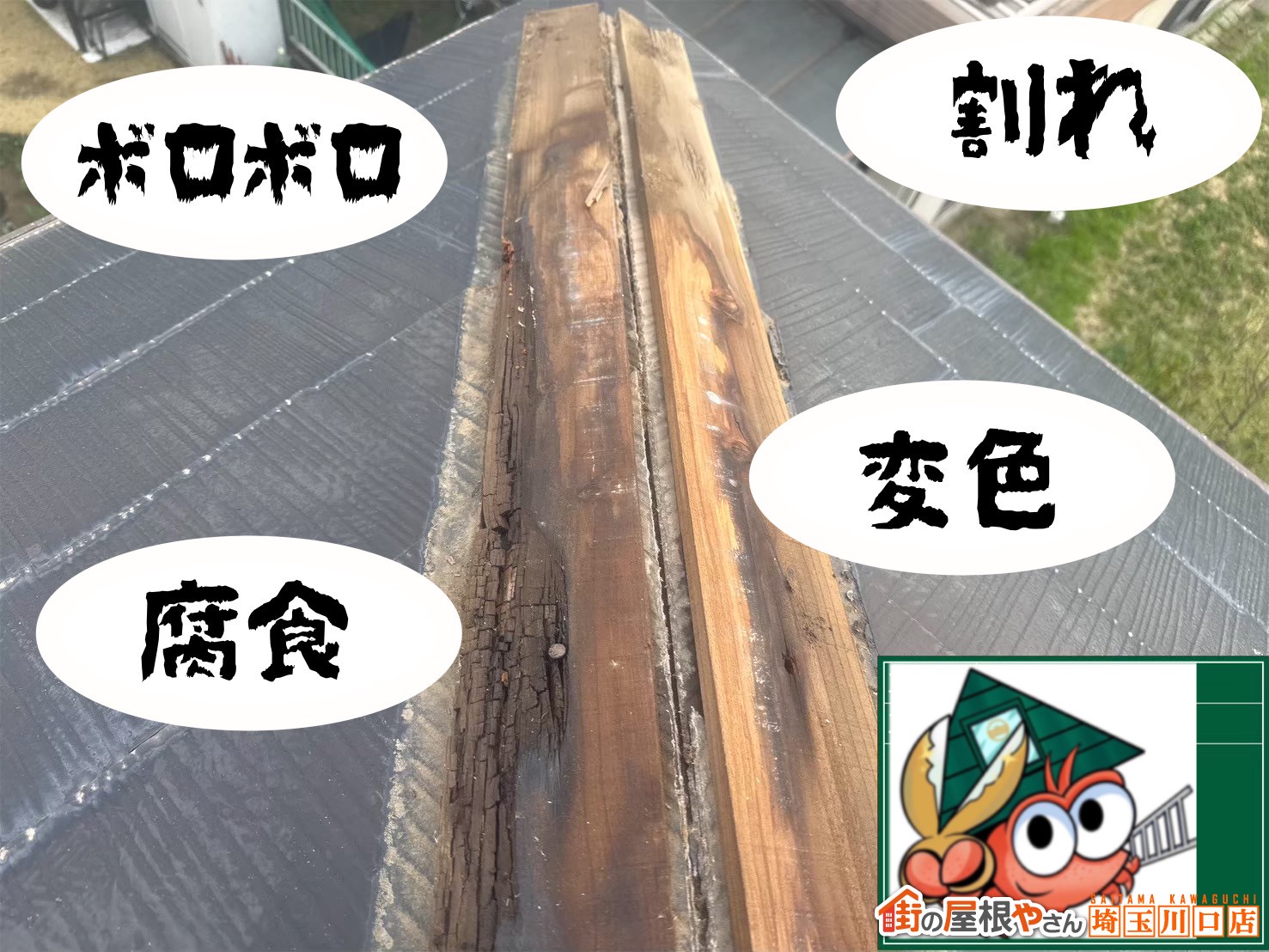 既存の木製貫板　ボロボロ　腐食　変色　割れ　